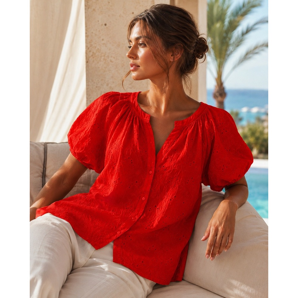 Calypso St Barth Blouse Red Cotton Eyelet Puff Sleeve Medium Boho Coastal